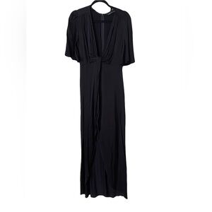 Black Zara Satin High Low Dress with Deep V Neck Size Small